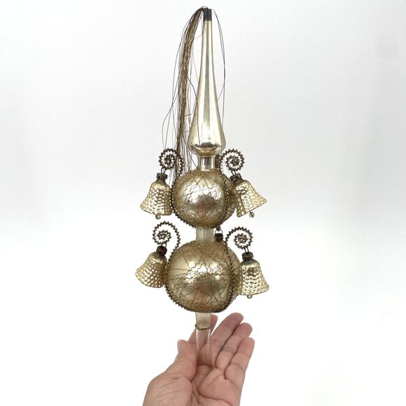 Vtg Mercury Glass Christmas Tree Topper Wire Wrapped Bells Tassel Gold Tone 11.5 - Picture 1 of 13